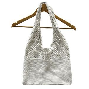Hand Knit Crocheted Tote Shoulder Bag Double Strap White Ivory 15x12 Boho Beach